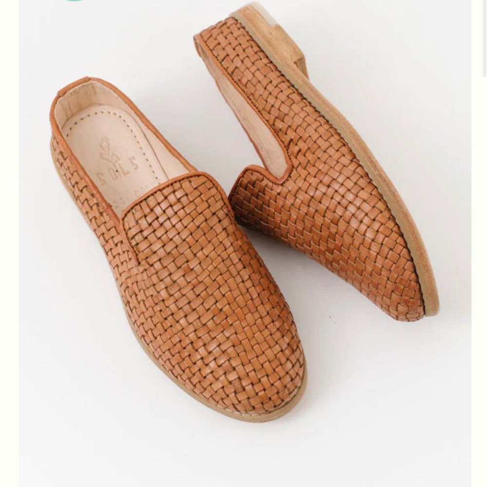 Sols handmade authentic leather mules in a beautiful tan weaved leather.